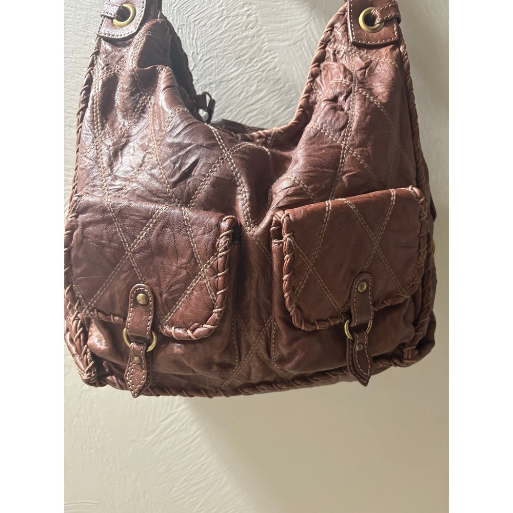 Isabella Fiore Brown Quilted Leather Hobo Bag Whipstitch Boho Shoulder Bag